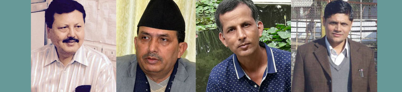 बिपी प्रतिष्ठानका उपकुलपति ज्ञानेन्द्र गिरी(बायाँ), स्वास्थ्य मन्त्री  भानुभक्त ढकाल र नयाँ नियुक्ति पाएका सुमन पन्त र अमृत ढकाल।